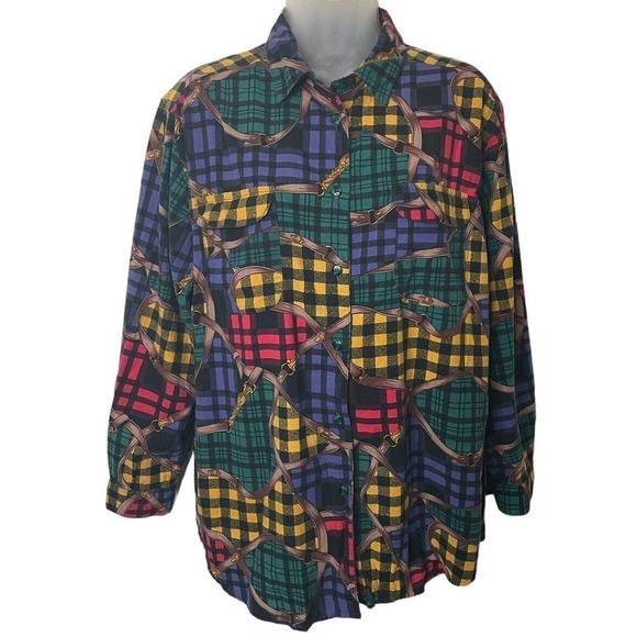 Hunt Club Tops - Vintage Hunt Club Womens Plaid Button Down Shirt PL Bridle Horse Equestrian